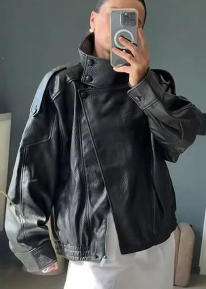 Women's Faux Leather Motorcycle Jacket - 2026 Autumn Black Long Sleeve Fashion Outerwear