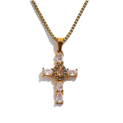 Yhpup Colorful Cubic Zirconia Cross Pendant Stainless Steel Luxury Necklace – Shiny Fashion Jewelry Gift for Women