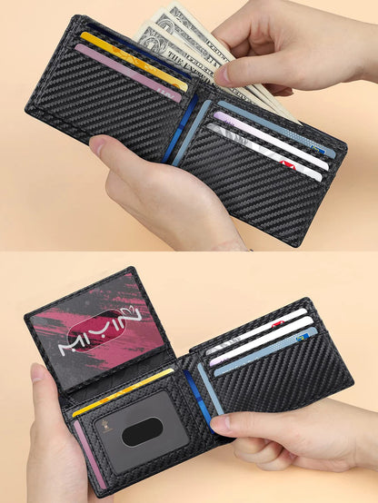 Carbon Fiber Minimalist Trifold Wallet for Men — Ultra-Thin RFID Wallet with ID Window, 13 Card Slots & Coin Holder