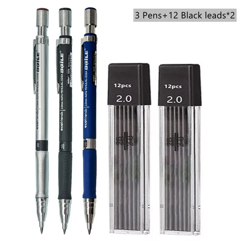 2.0mm Mechanical Pencil Set - Automatic Drawing Pencils with 2B Black and Colored Lead Refills for Writing, Sketching and Art