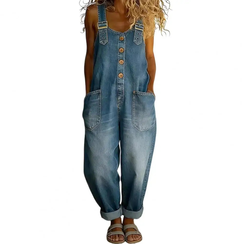 Women's Denim Bib Overalls - Relaxed Fit Wide Leg Vintage Jumpsuit Pants with Button Front Design
