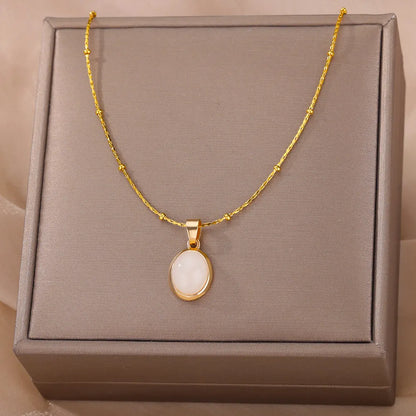 Fashion Opal Oval Necklace for Women – Gold Stainless Steel Pendant, Aesthetic Wedding Jewelry Gift