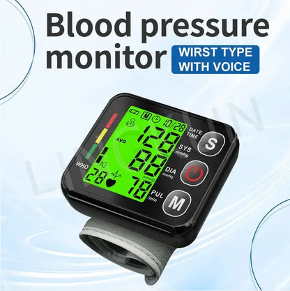 English Voice Digital Wrist Blood Pressure Monitor – High-Accuracy Electronic Sphygmomanometer Tonometer