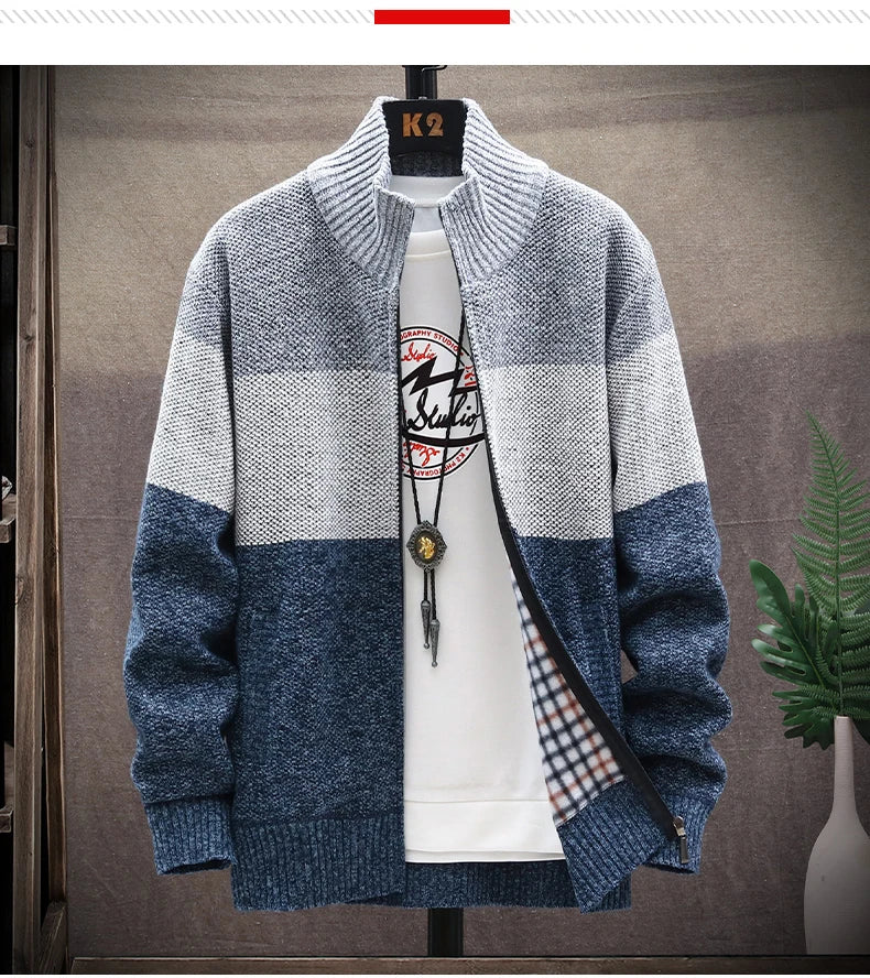 Men's Fleece Zipper Cardigan – Autumn Winter Velvet Striped Sweater Jacket