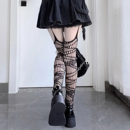 Women’s Gothic Bat Fishnet Stockings - Harajuku Emo Mesh Thigh High Tights with Sexy Alternative Lingerie Style