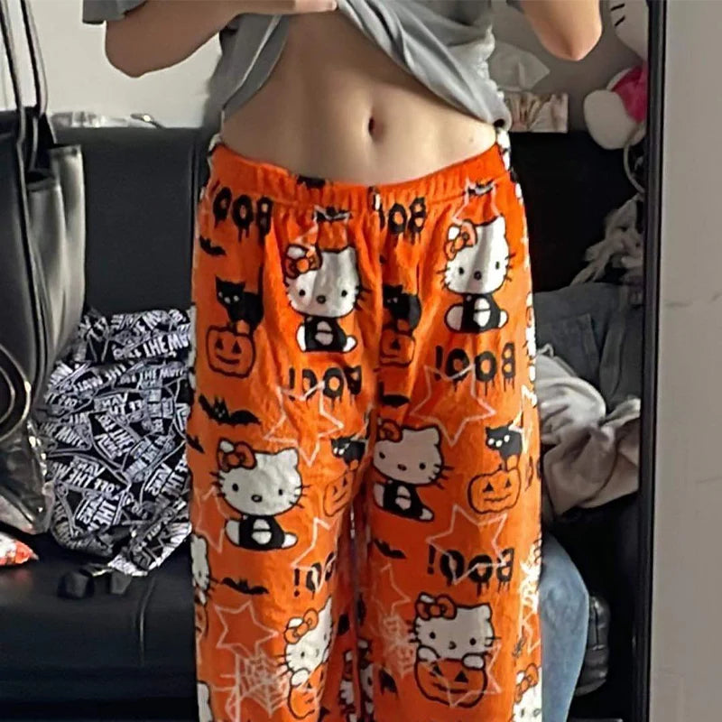 Sanrio Hello Kitty Anime Y2K Pajama Pants for Women - Kawaii Woolen Cartoon Casual Home Pants, Perfect for Halloween and Household Dress