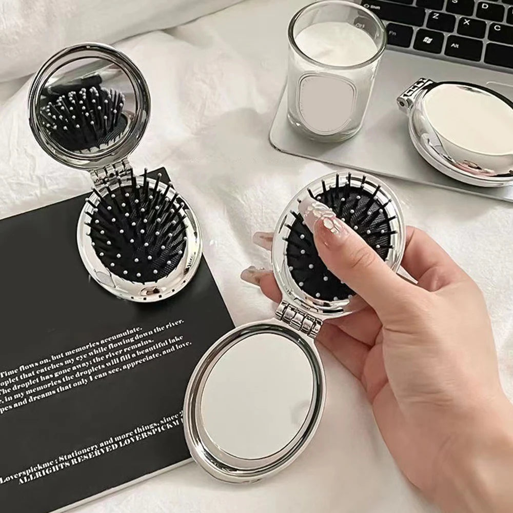 Folding Comb with Mirror - Portable Scalp Massage Hair Styling Brush for Women