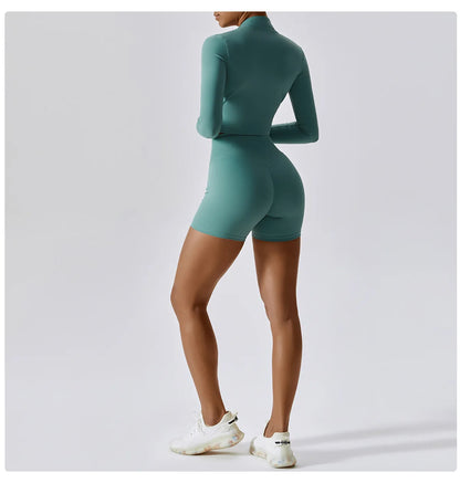3PCS Women’s Yoga & Workout Set – Long Sleeve Zipper Top with High Waist Leggings Fitness Sportswear