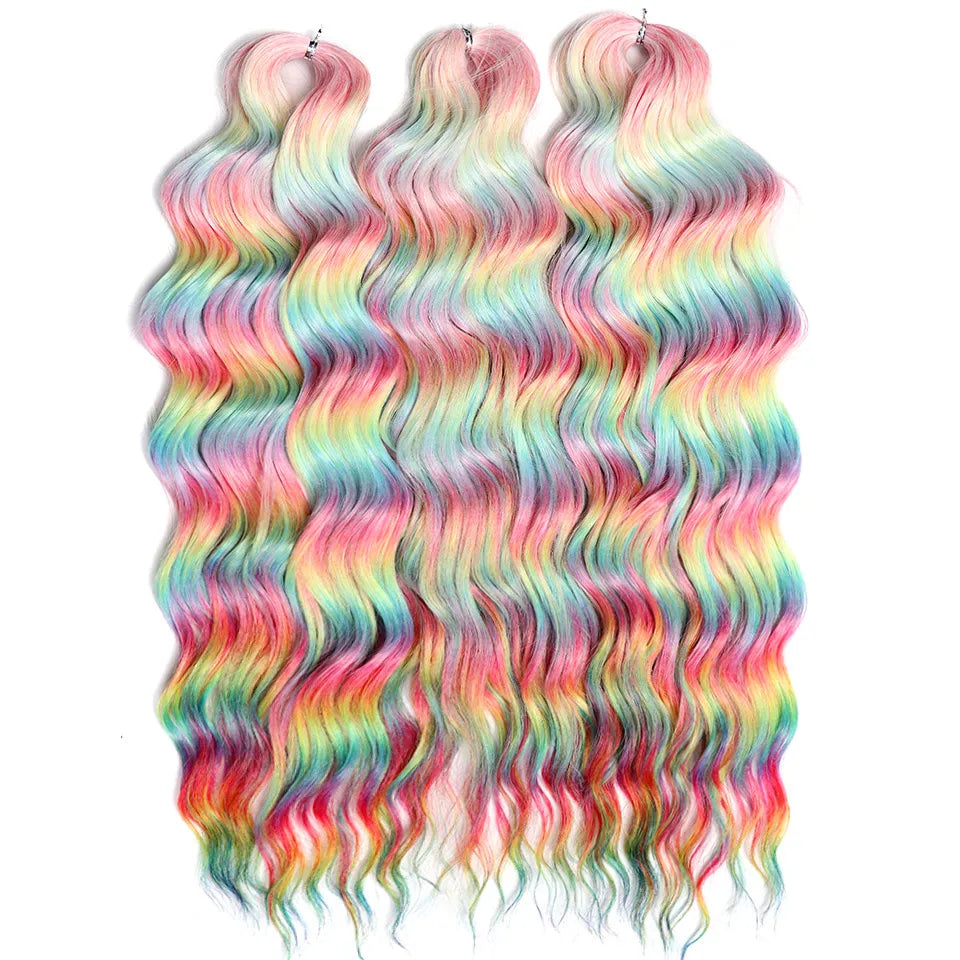 FASHION IDOL 24" Deep Wave Crochet Hair - 3-Piece Synthetic Water Wave Braiding Extensions, Ombre Rainbow Twist Hair