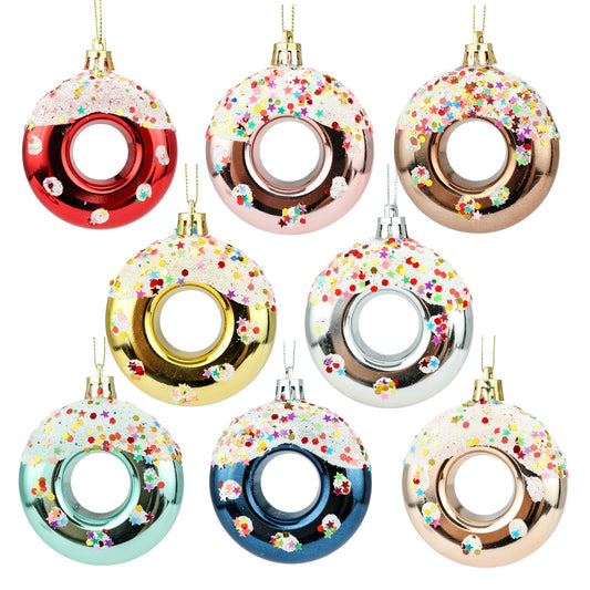 4PCS Cute Doughnut Christmas Tree Ornaments – Colorful Shiny Plastic Pendants for Home, Bar & Party Decor