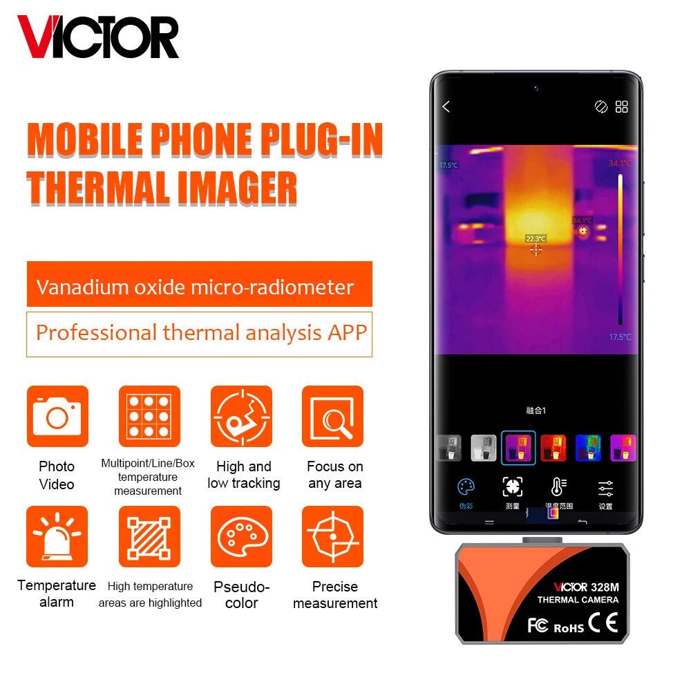 VICTOR 256×192 Android Thermal Imager - 25Hz Type-C Thermal Camera with -15°C to 600°C Range for Electrical & HVAC Inspection