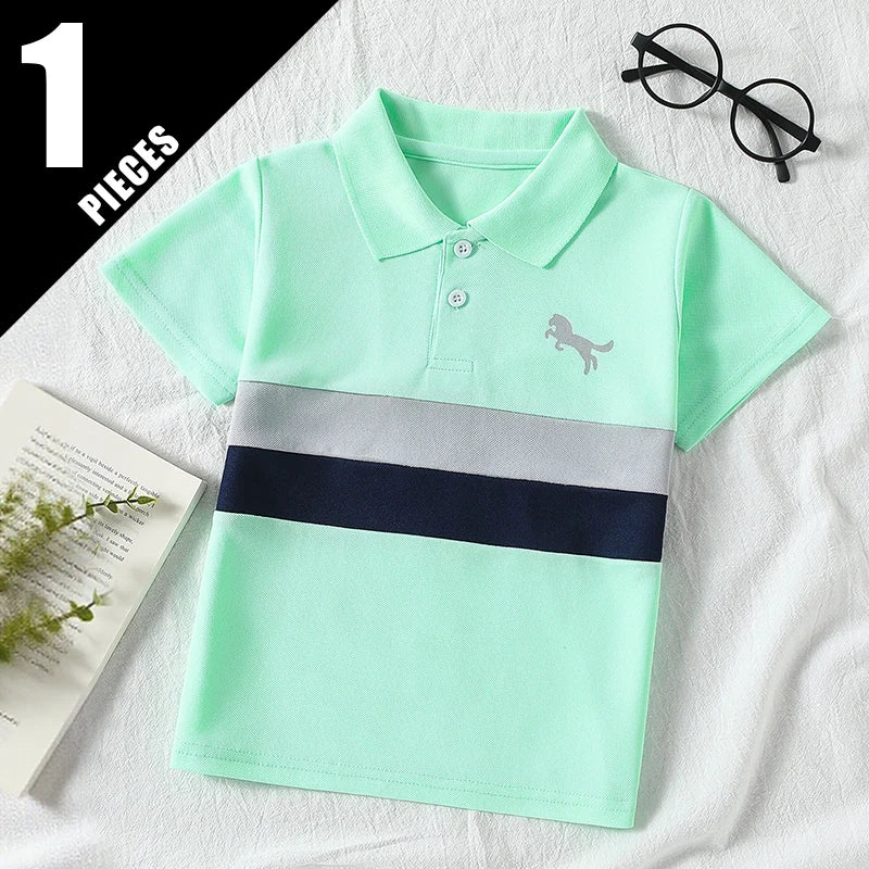 Boys' Striped Polo T-Shirt - Casual Short-Sleeve Lapel Top for Kids
