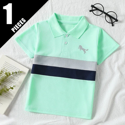 Boys' Striped Polo T-Shirt - Casual Short-Sleeve Lapel Top for Kids