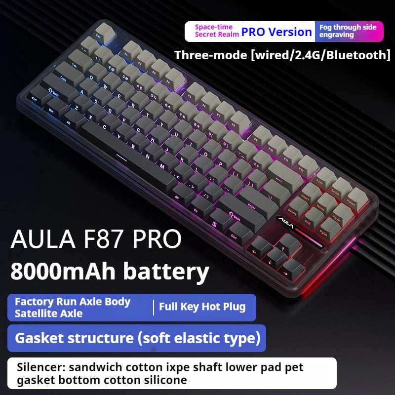AULA F87 Pro Tri-Mode Mechanical Gaming Keyboard – Wired, 2.4G Wireless, Bluetooth, 87-Key RGB Hot-Swappable PBT, 8000mAh