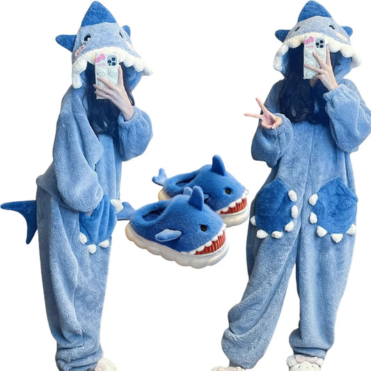 Cartoon Cute Shark Women's Hooded Sleepwear – Unicorn Kigurumi Winter Cosplay Pajama Jumpsuit, Christmas Party Loungewear