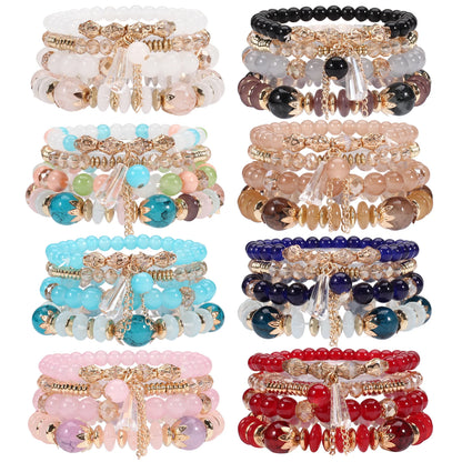Bohemian Stackable Bead Bracelets for Women - Multilayered Pendant Charm Stretch Bangles