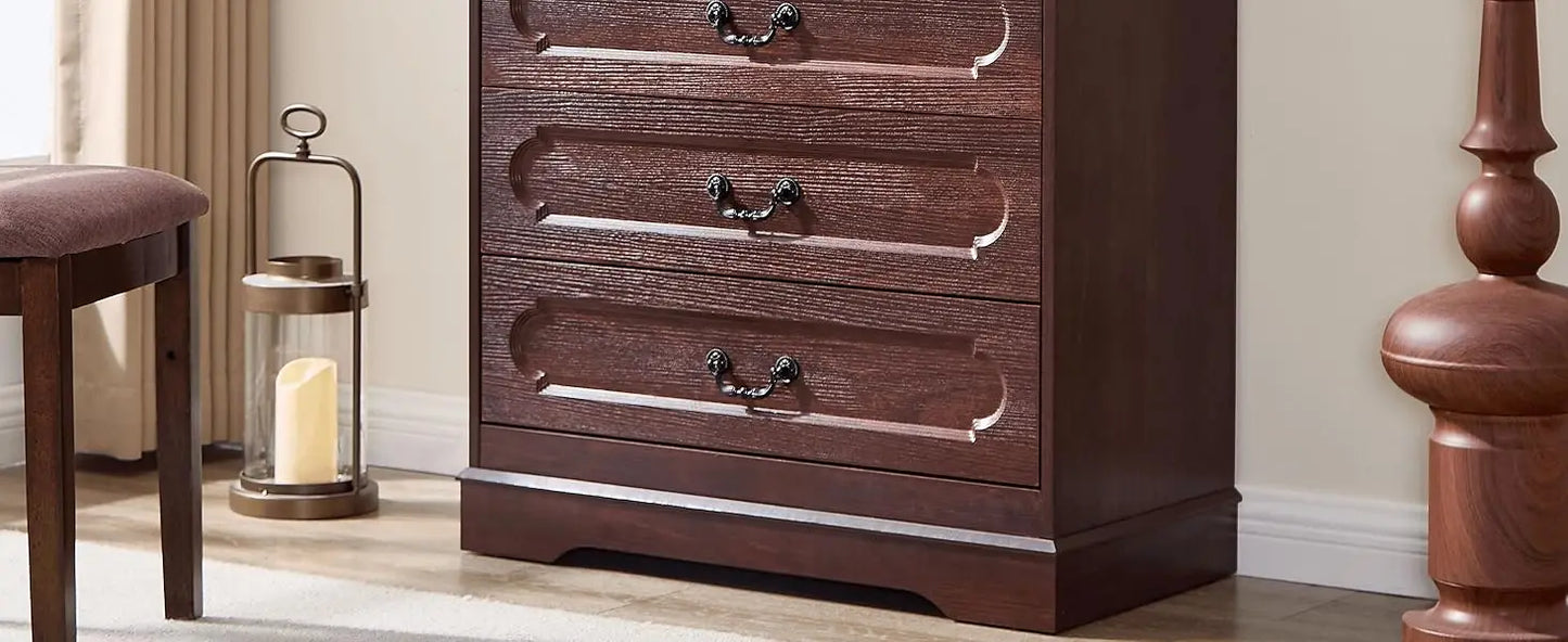 5-Drawer Farmhouse Dresser – Cherry Wood Chest of Drawers for Bedroom, Rustic Wide Storage Solution