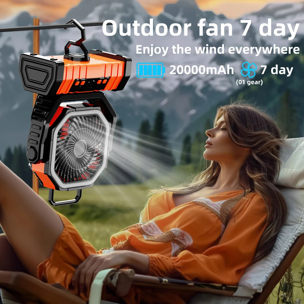 20000mAh Portable Rechargeable Fan — Battery-Operated Desk & Camping Fan with LED Light & Hook for Tent, Car, and Outdoor Trips