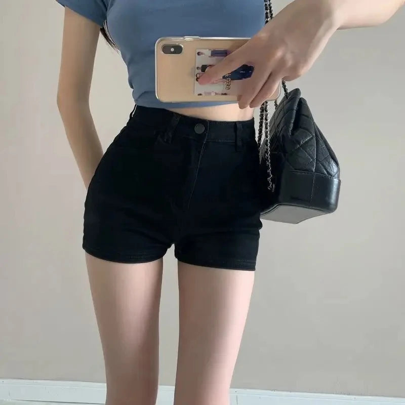 Women’s Ripped Raw Denim Shorts – A-Line Hem Blue Hot Pants Summer Streetwear Skinny Retro Casual