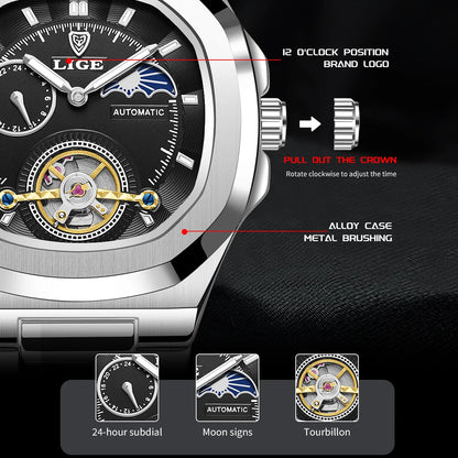 LIGE Dual Seconds Tourbillon Watch – Men's Stainless Steel Mechanical Timepiece, 24H, Night Glow, Waterproof