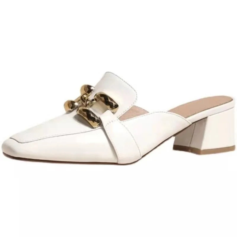 Fashion Women’s Half Slippers — Outdoor Med-Heeled Slides with Toe Chain Decoration, Luxury Square Heel Sandals 2023