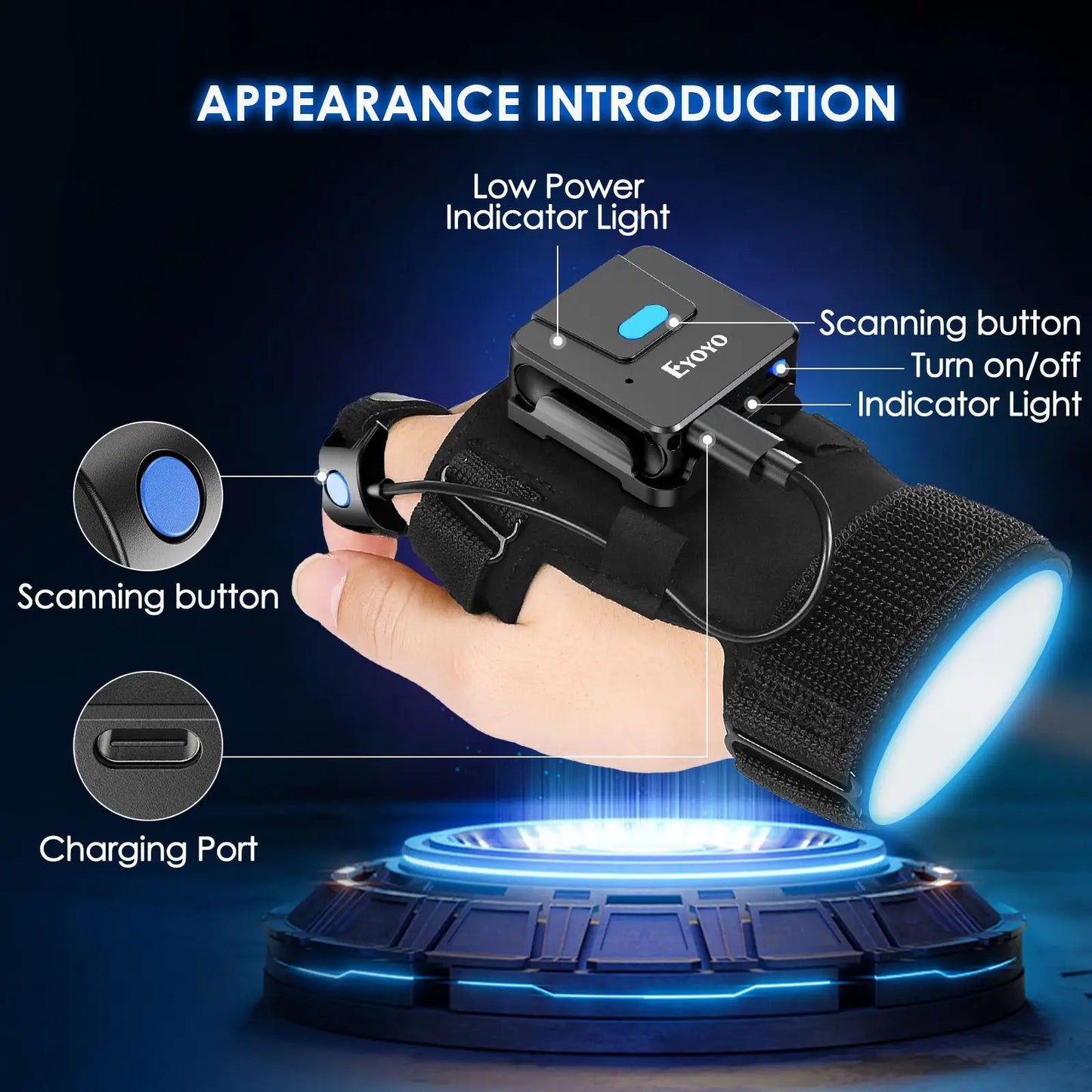 Eyoyo Wearable Barcode Scanner - 2D Bluetooth Wireless Finger Ring Scanner for 1D QR Code Reading