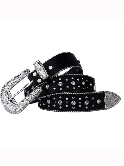 Black Cross Rivet Belt with Engraved Buckle – Rhinestone PU Punk Western Cowboy Cowgirl Jeans Belt