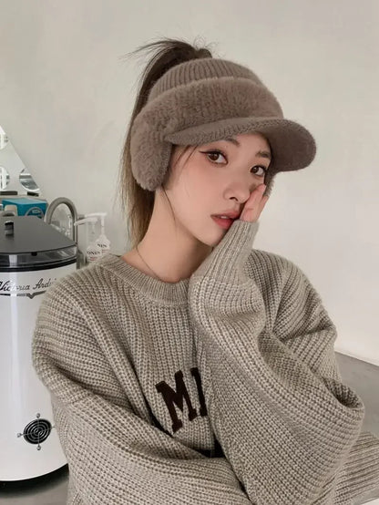 Winter Hats for Women 2023 – Fashionable Knitted Earflap Baseball Cap, Windproof Ponytail Visor for Outdoor Sports