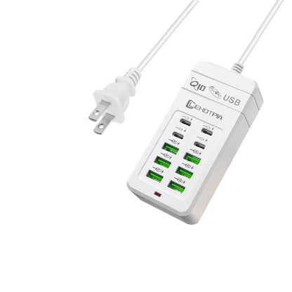 10-Port USB Fast Charger Adapter - EU UK US Plug Power Station with 6 USB-A & 4 USB-C Ports Extension Cord