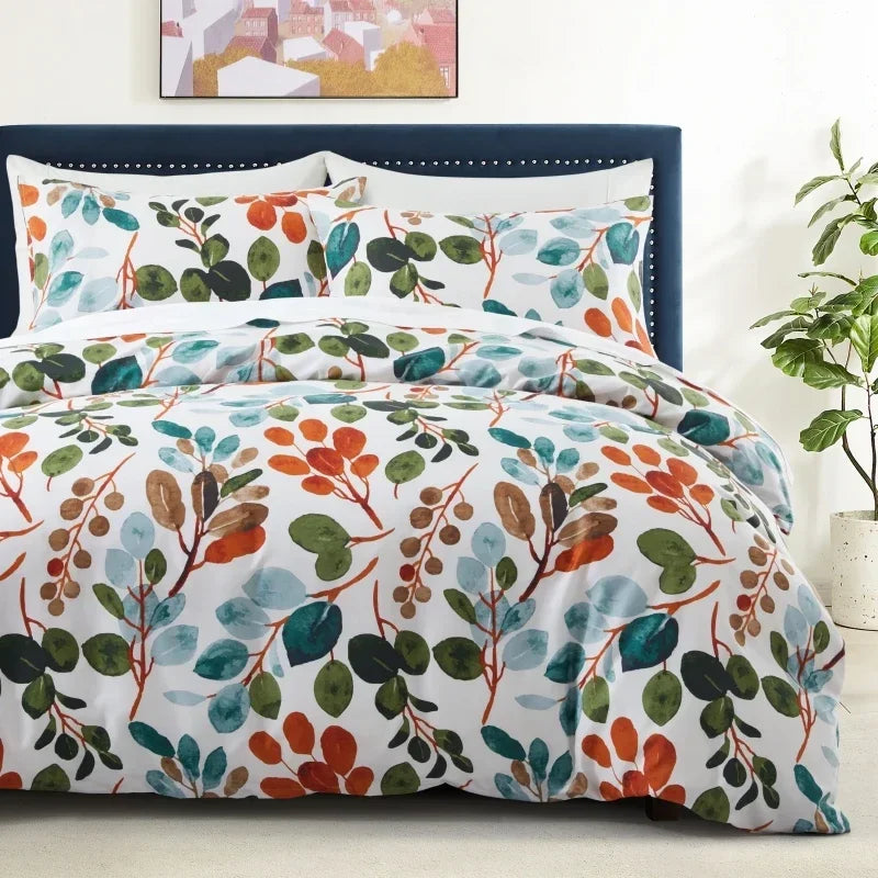 Grey Feather Duvet Cover Set – Full/Queen Boho Bedding with Soft Reversible White Comforter Cover for Kids & Teens