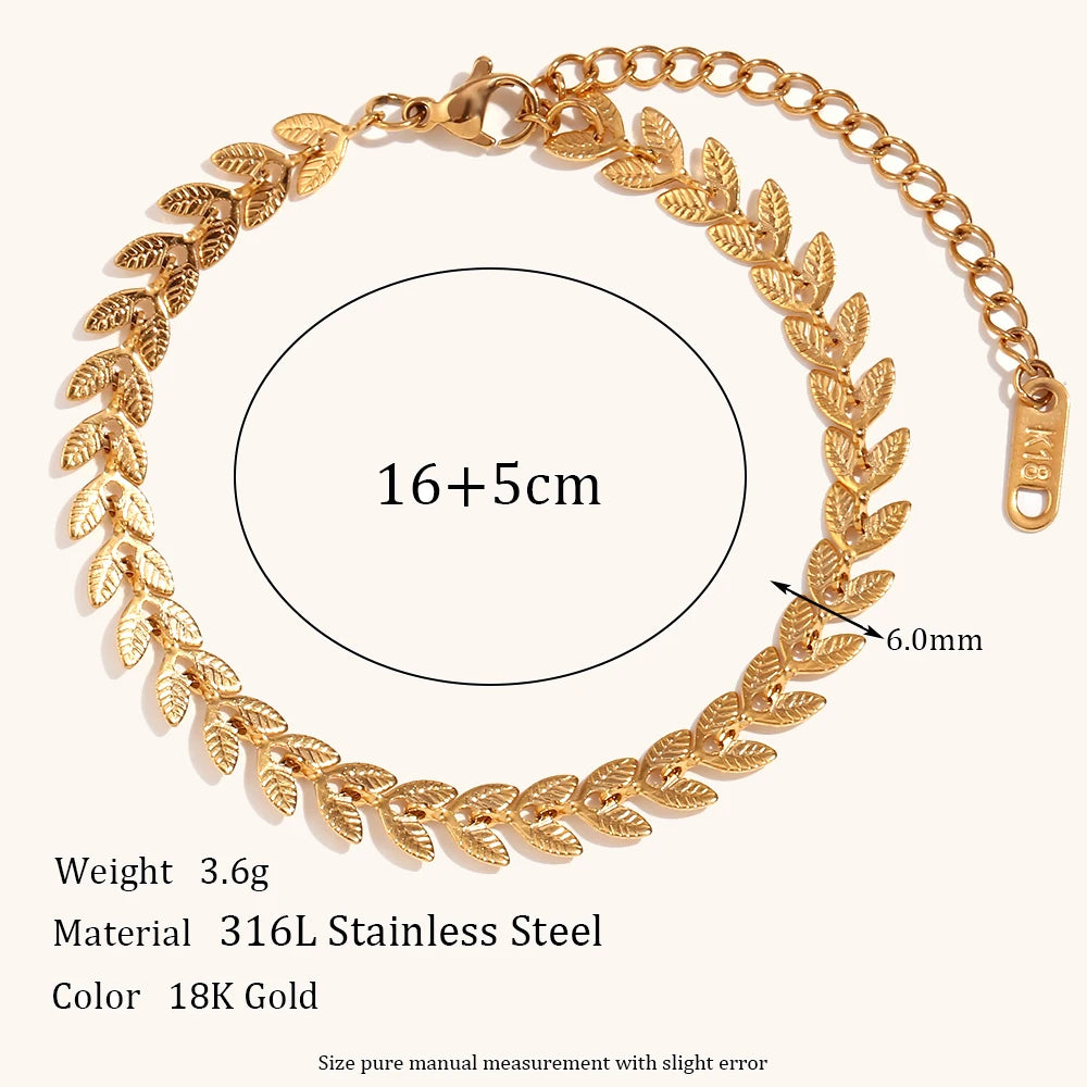 La.Muses Gold Plated Leaf Chain Necklace – Stainless Steel Fishtail Design Bracelet & Anklet Jewelry Set for Women
