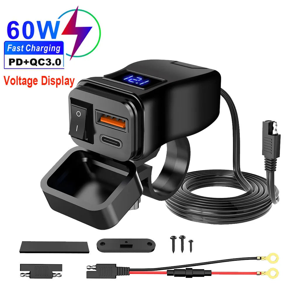 60W PD QC3.0 Motorcycle USB Fast Charger - Dual USB Handlebar Socket With Switch Voltmeter Waterproof 12V Power Adapter