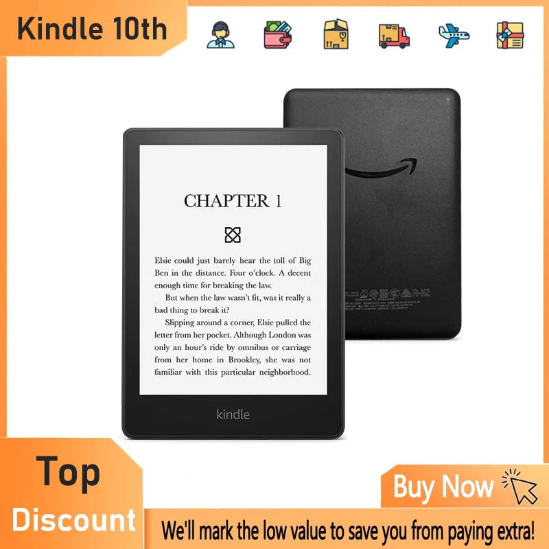 Kindle 10th E-Book Reader - 6" E-Ink Touch Screen, Backlight, Paperwhite, and Registerable Account E-Reader