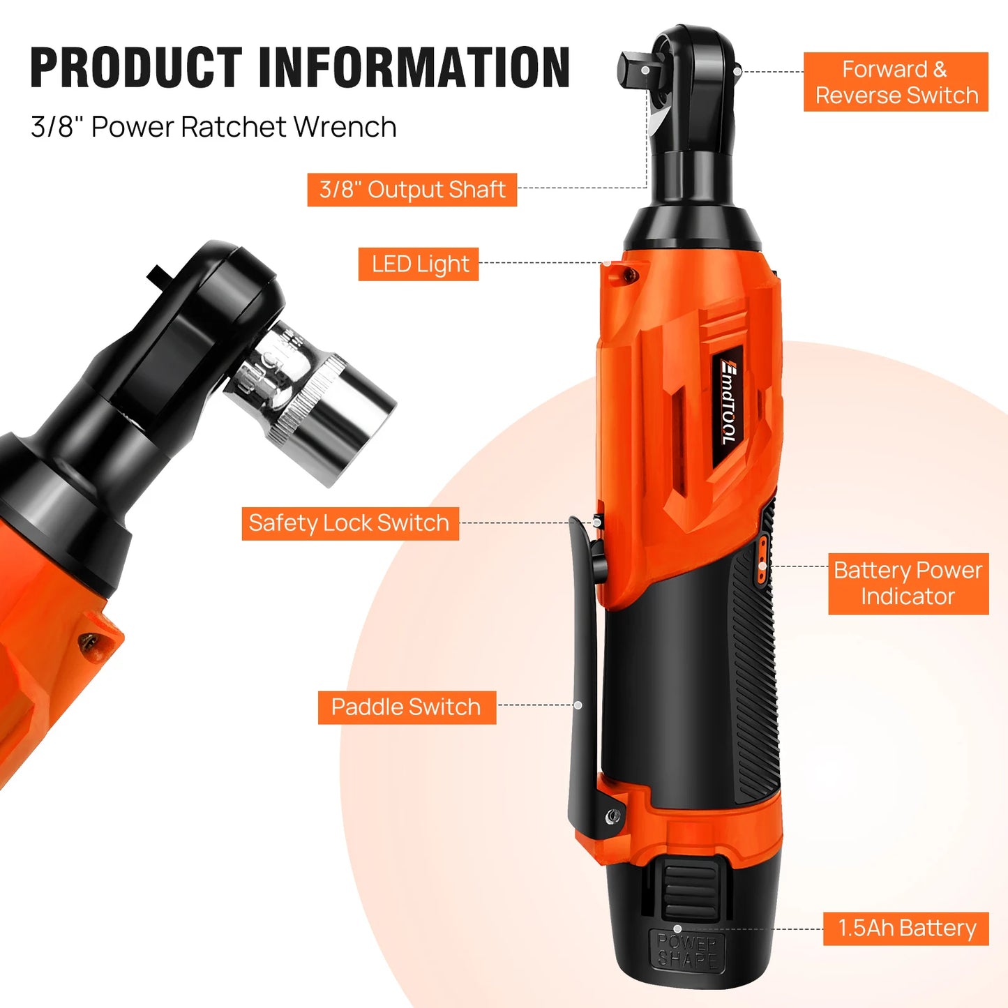 DayPlus 200NM 3/8" Cordless Electric Ratchet Wrench | 90° Angle 12V Power Tool with 2 Batteries, Charger & 7 Sockets