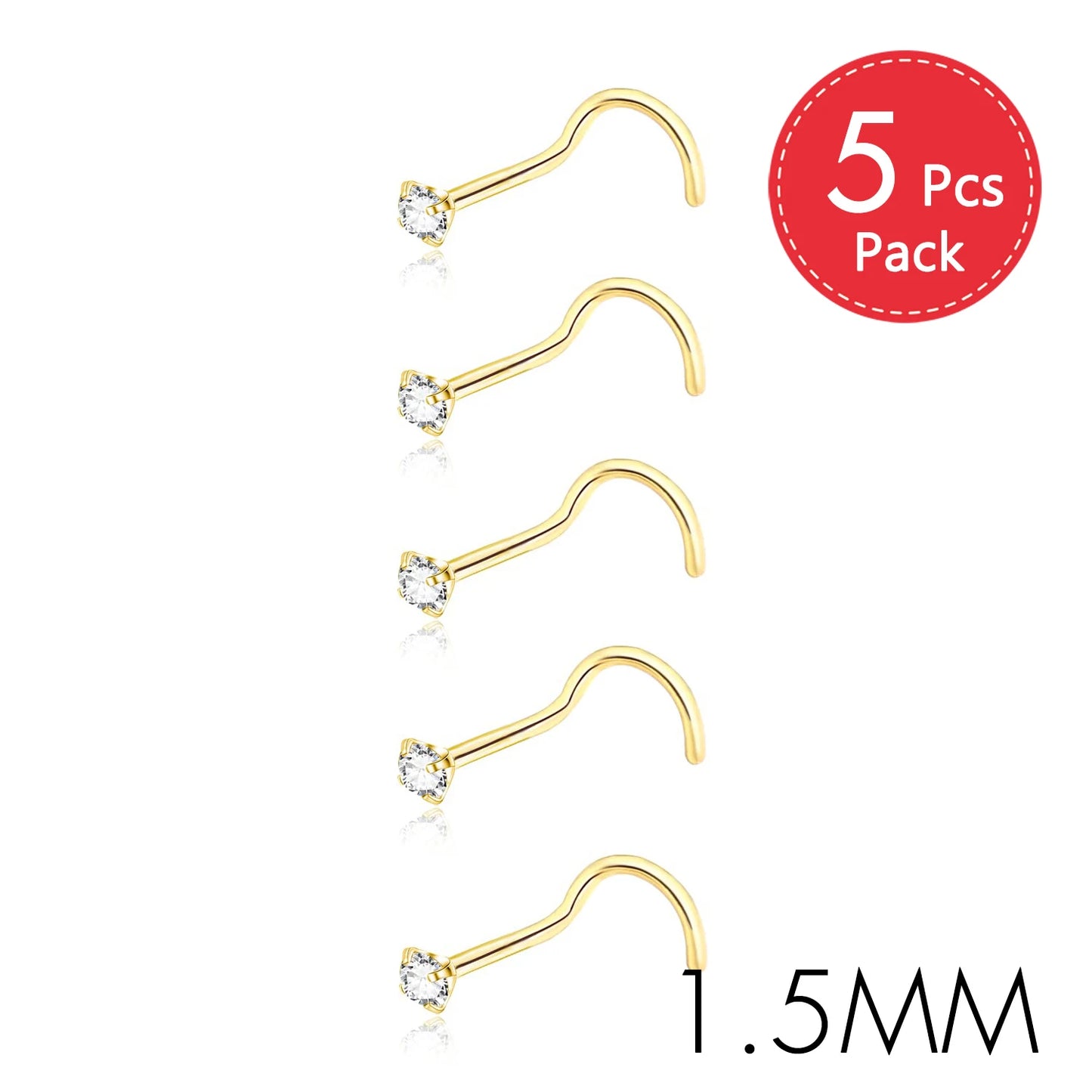5PCS Stainless Steel Nose Ring Studs — Crystal Nostril Piercing Jewelry for Women & Girls, 1.5/2.0/2.5/3.0mm, 20G