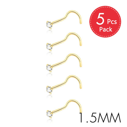 5PCS Stainless Steel Nose Ring Studs — Crystal Nostril Piercing Jewelry for Women & Girls, 1.5/2.0/2.5/3.0mm, 20G