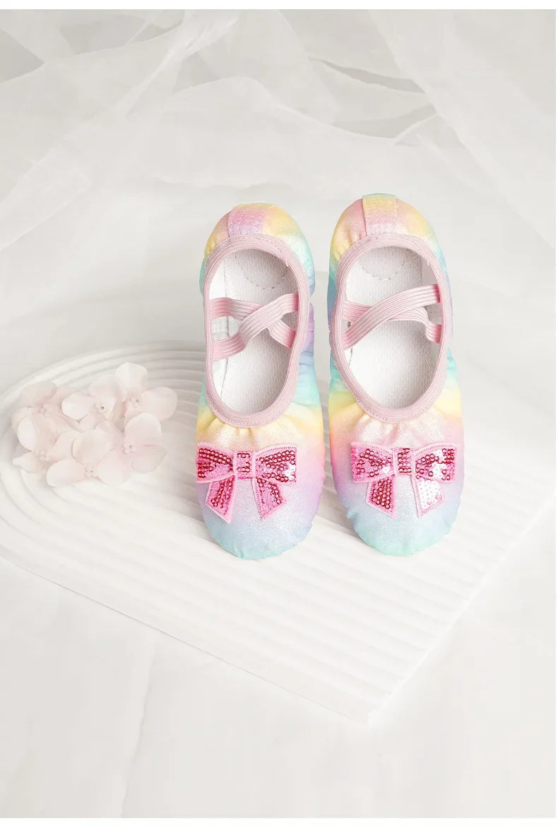 Girls Ballet Dance Shoes — Rainbow Bow Sequin Leather Soft Sole Flats for Performance & Practice