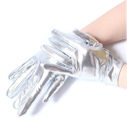 Gold Silver Metallic Faux Leather Short Gloves – Sexy Wet Look Party, Evening & Performance Mittens Handwear