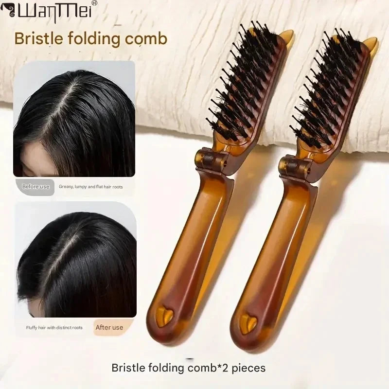 Foldable Boar Bristle Hair Comb - Portable Scalp Massager Travel Hair Brush & Styling Accessory