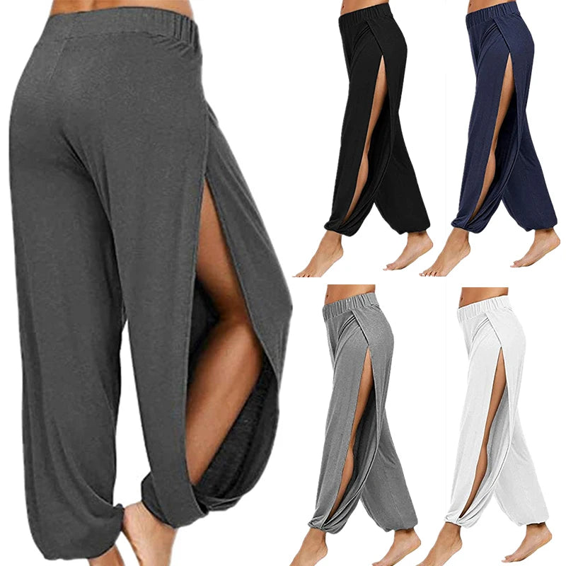 Women's Fashion Yoga Pants: High-Waisted Slit Wide Leg Harem Pants - Gym Leggings for Casual Solid Hollow Workout