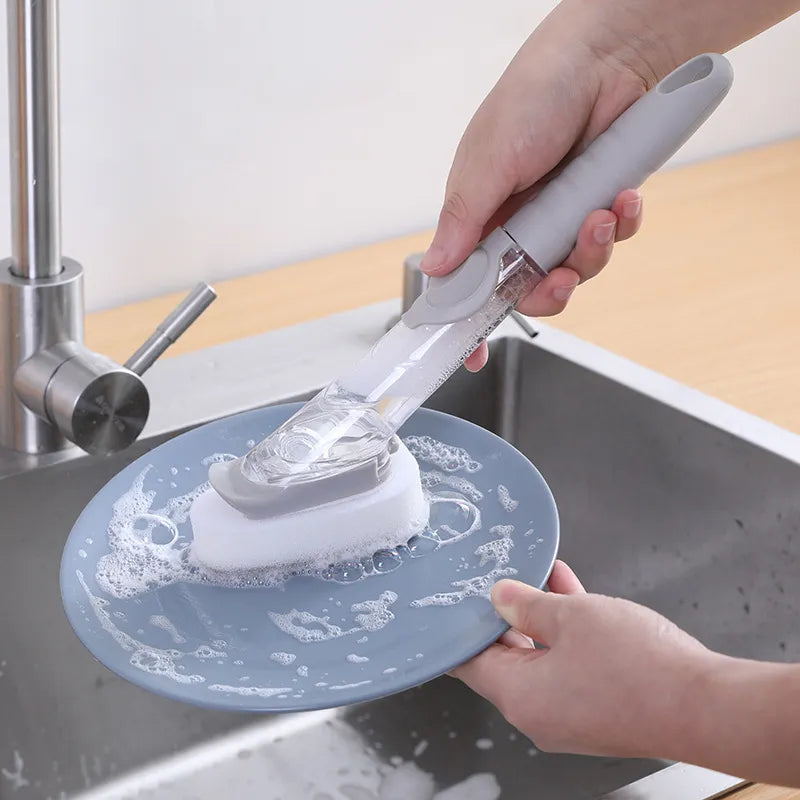 2-in-1 Kitchen Cleaning Brush with Long Handle and Removable Sponge Dispenser - Essential Dishwashing Tool