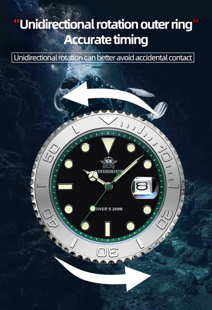 ADDIESDIVE 41mm Men’s Quartz Dive Watch – Rotatable Bezel, Stainless Steel, Luminous BGW9, Rubber Strap, 200m Water Resistant