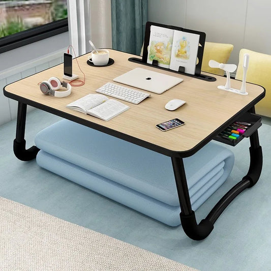 Foldable Laptop Desk for Bed & Sofa – Portable Lap Table with Cup, Book Holder, Drawer, and USB Slot