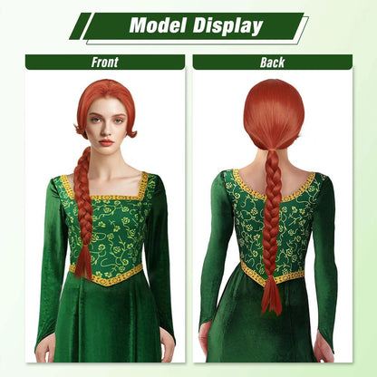 Fiona Princess Long Braided Wig - Reddish Brown Synthetic Hair for Halloween Cosplay & Parties