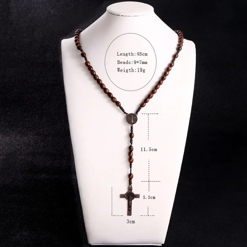 8mm Wooden Beads Rosary Necklace – Jesus Christ Cross Pendant, Woven Rope Chain Religious Prayer Jewelry for Men & Women