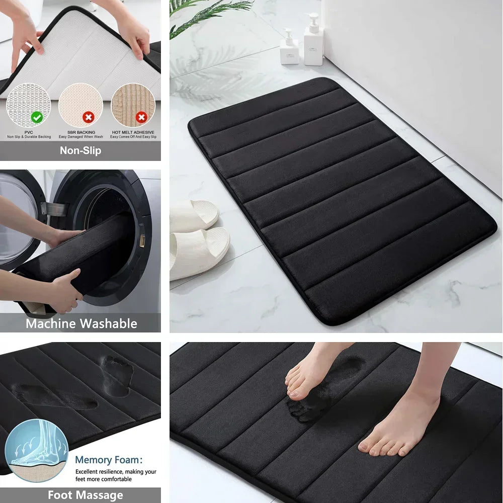 Non-Slip Grey Memory Foam Bath Mat Set – Soft, Water Absorbent, Quick-Drying, Machine Washable Bathroom Rugs for Home Floor