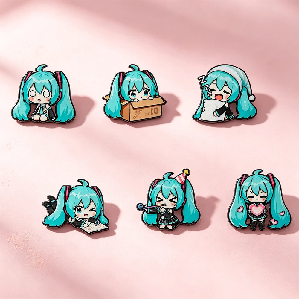 6-Piece Kawaii Chibi Vocaloid Enamel Pin Set - Cute Anime Metal Lapel Badges for Backpacks & Gifts
