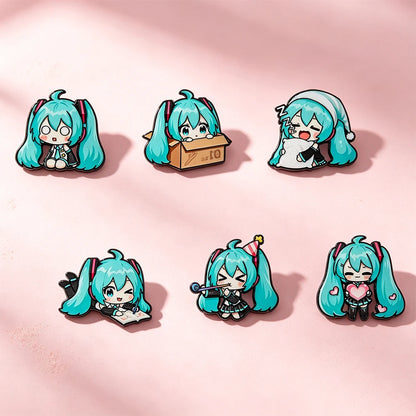 6-Piece Kawaii Chibi Vocaloid Enamel Pin Set - Cute Anime Metal Lapel Badges for Backpacks & Gifts