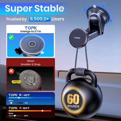 TOPK Magnetic Car Phone Mount – N52 Strong Magnet, Adjustable Telescopic Arm, Dashboard & Windshield Suction Cup Holder
