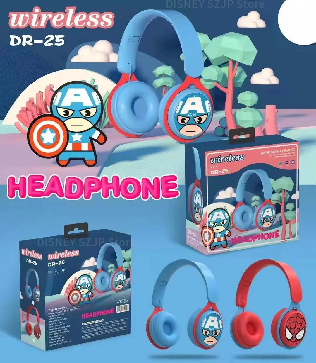 Disney Marvel Y08 Wireless Bluetooth Headphones – Foldable HIFI Surround Sound Earphones for Kids